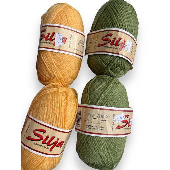 Silja Other - 4 Skeins Silja Strompegarn Superwash Wool Yarn  🧶 #316 Yellow & #362 Green